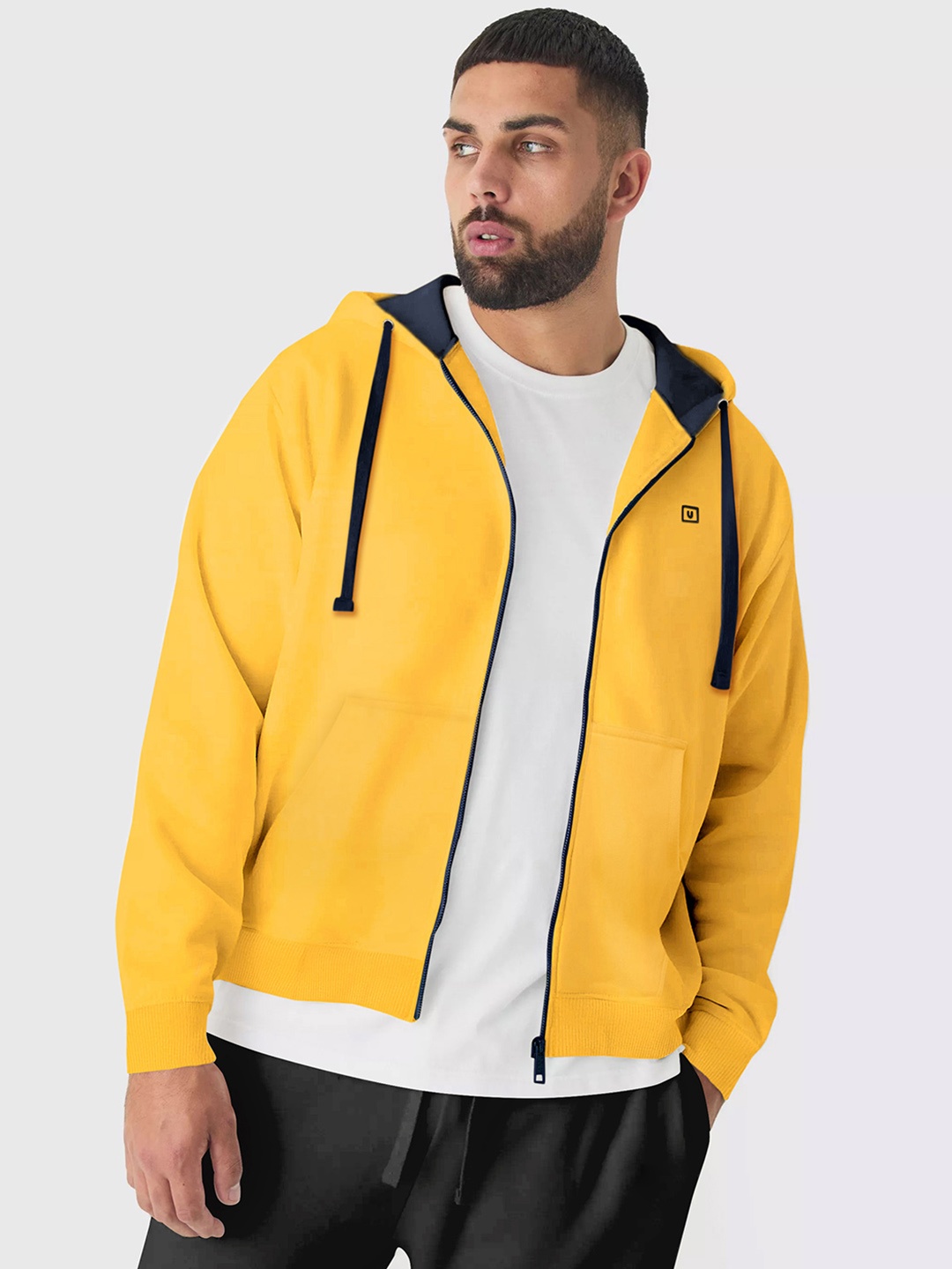 

Urbano Plus Men Solid Cotton Knitted Hooded Front-Open Sweatshirt, Yellow