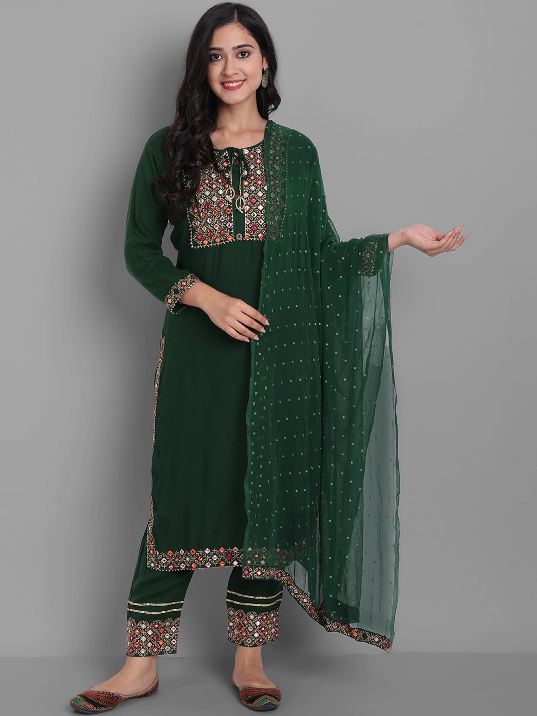 

Ziva Fashion Women Green Yoke Design Kurta with Trousers & With Dupatta