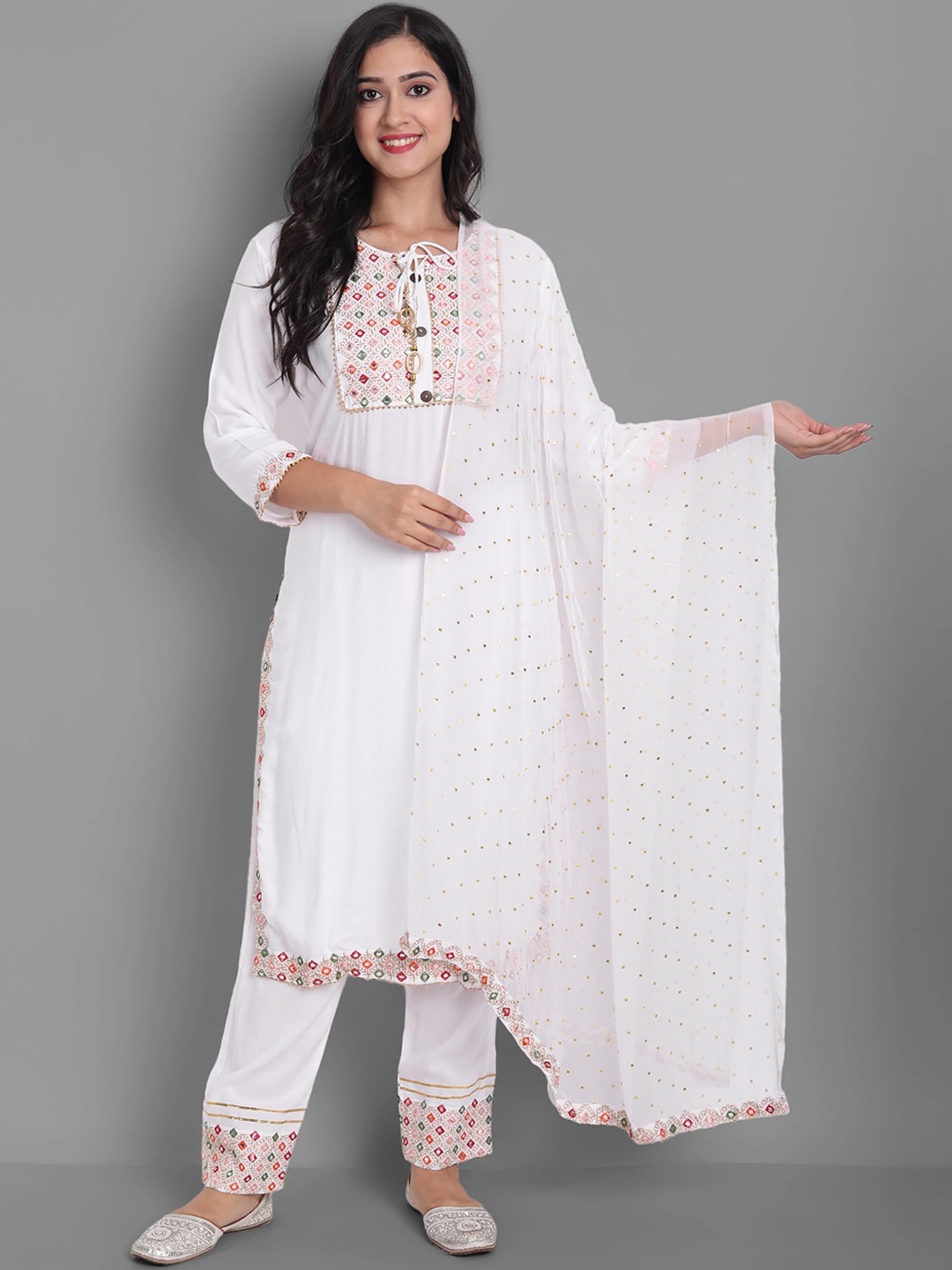 

Ziva Fashion Women White Floral Yoke Design Kurta with Trousers & With Dupatta