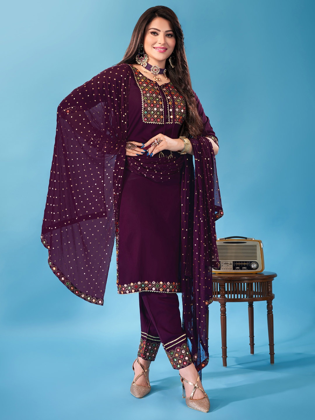 

Ziva Fashion Women Maroon Ethnic Motifs Yoke Design Kurta with Trouser & Dupatta