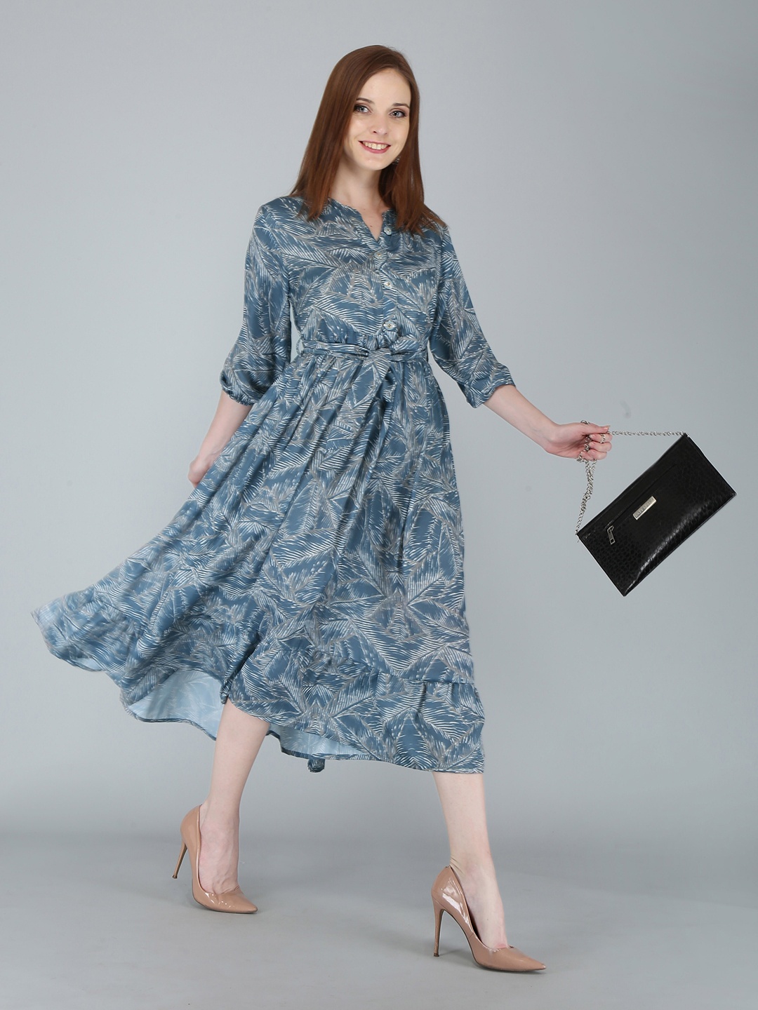 

KALINI Blue Ethnic Motifs Satin Ethnic Midi Dress