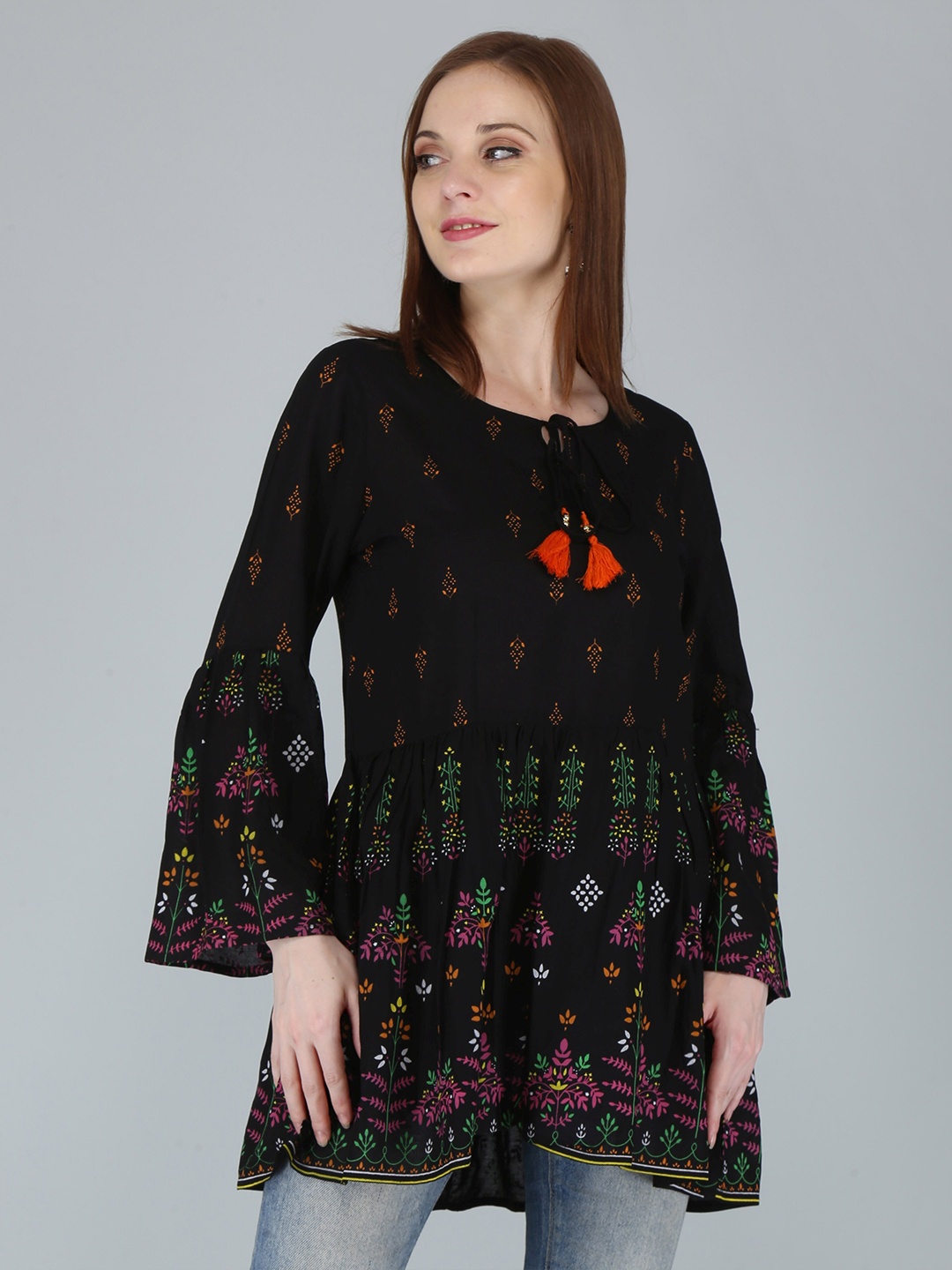 

KALINI Black Floral Print Indigo Top