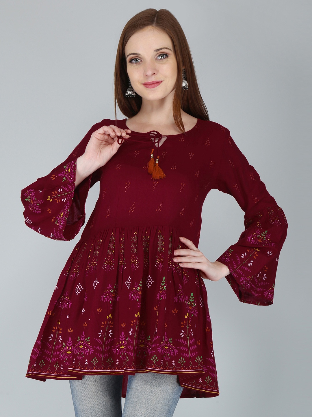 

KALINI Red Floral Print Indigo Peplum Top