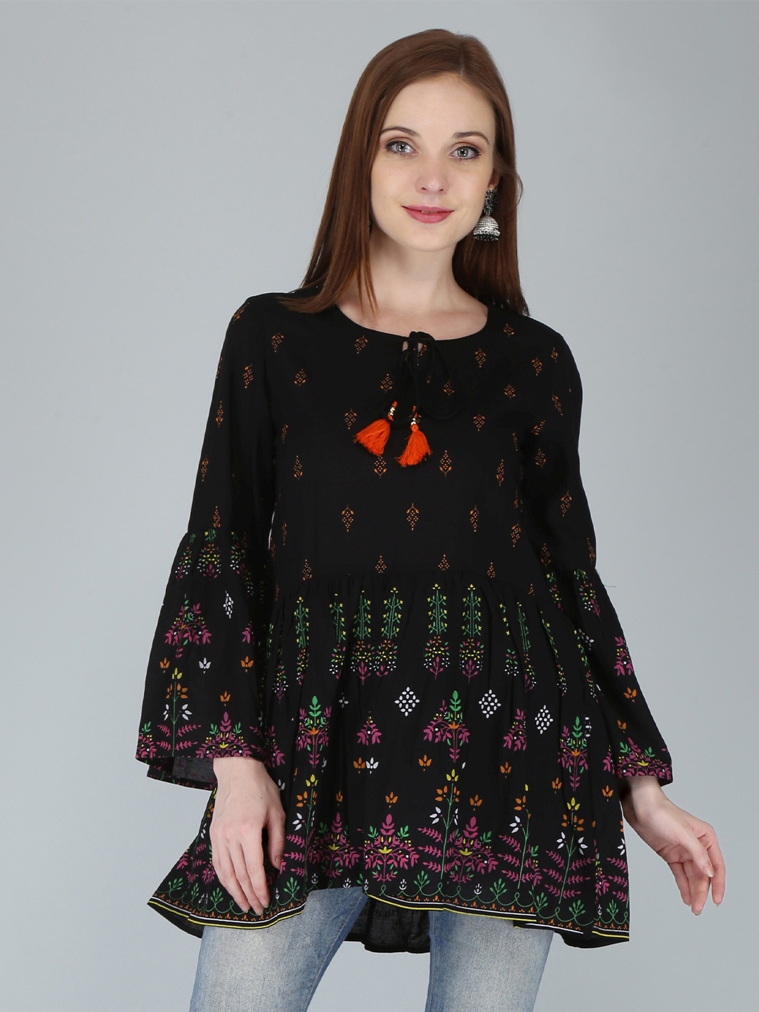 

KALINI Black Floral Print Indigo Top