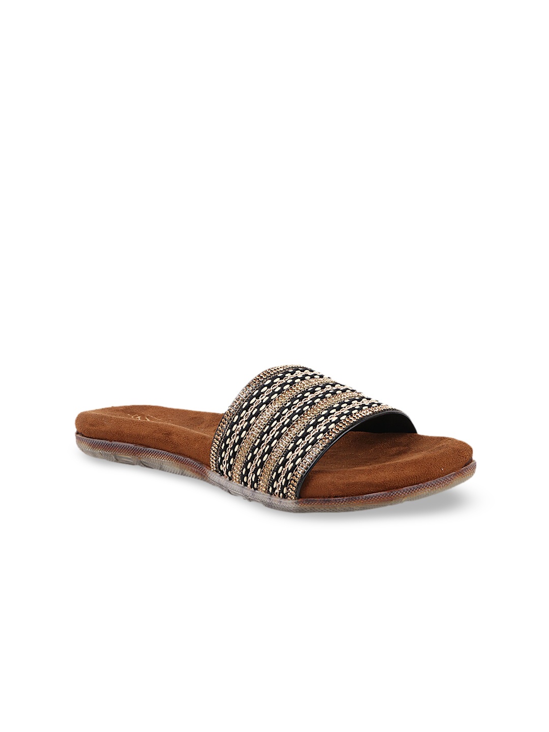 

THE WHITE POLE Women Black Embellished Ethnic Open Toe Flats