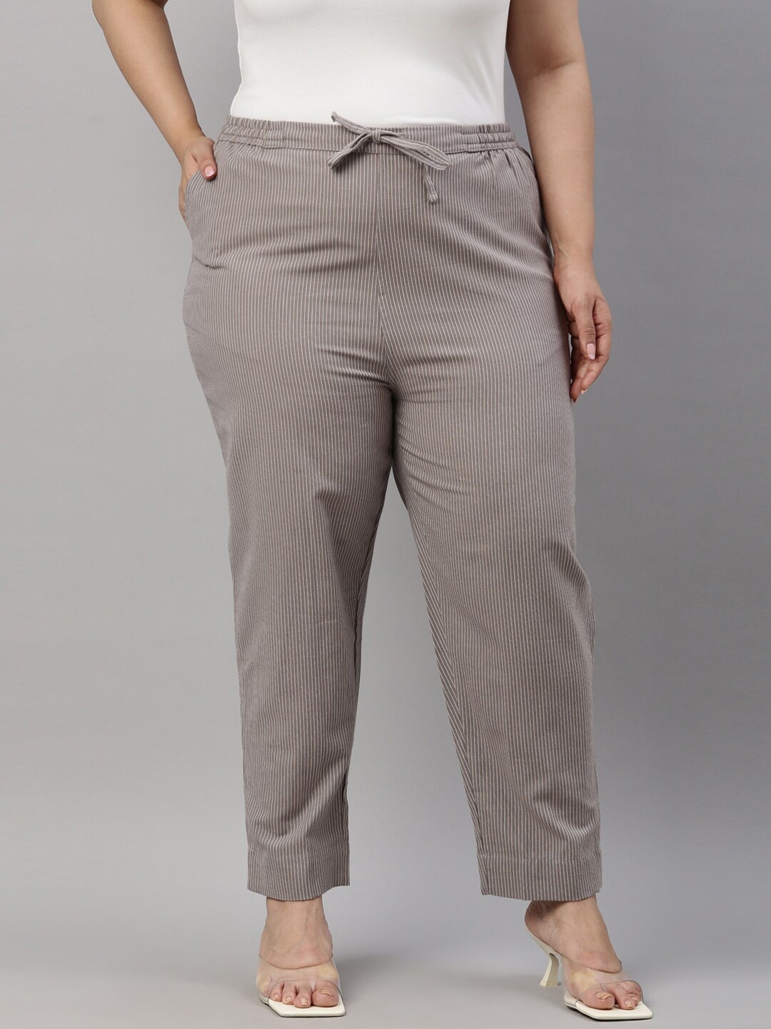 

Go Colors Women Grey Striped Tapered Fit Trousers