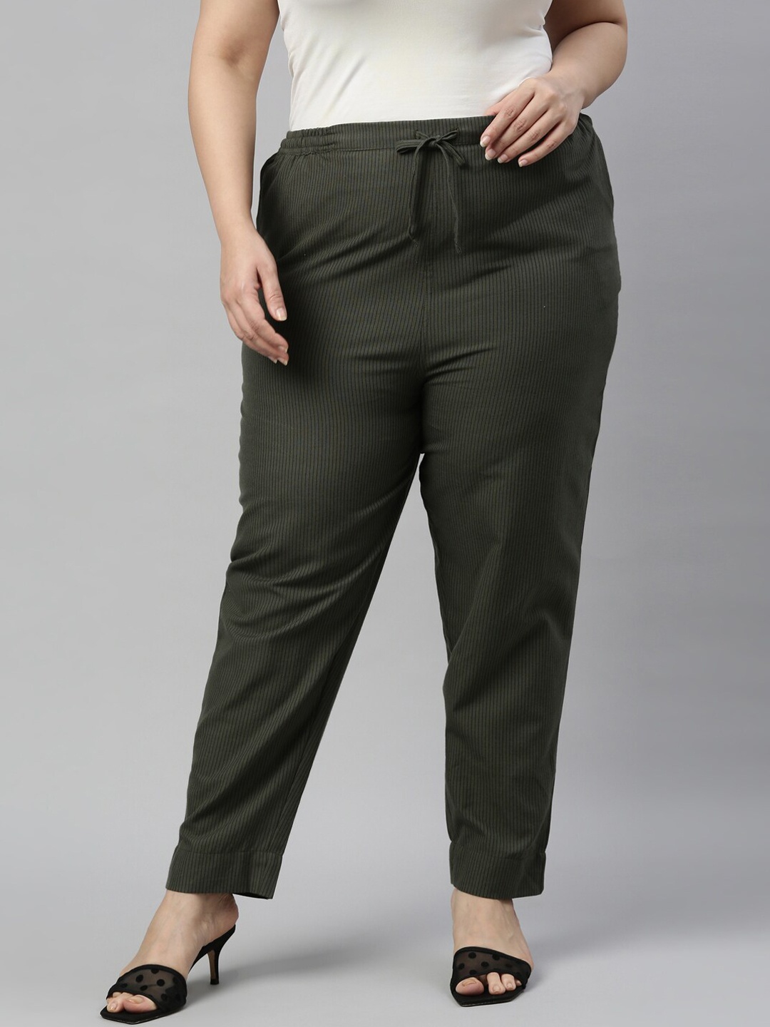 

Go Colors Women Olive Green Striped Tapered Fit Chinos Trousers