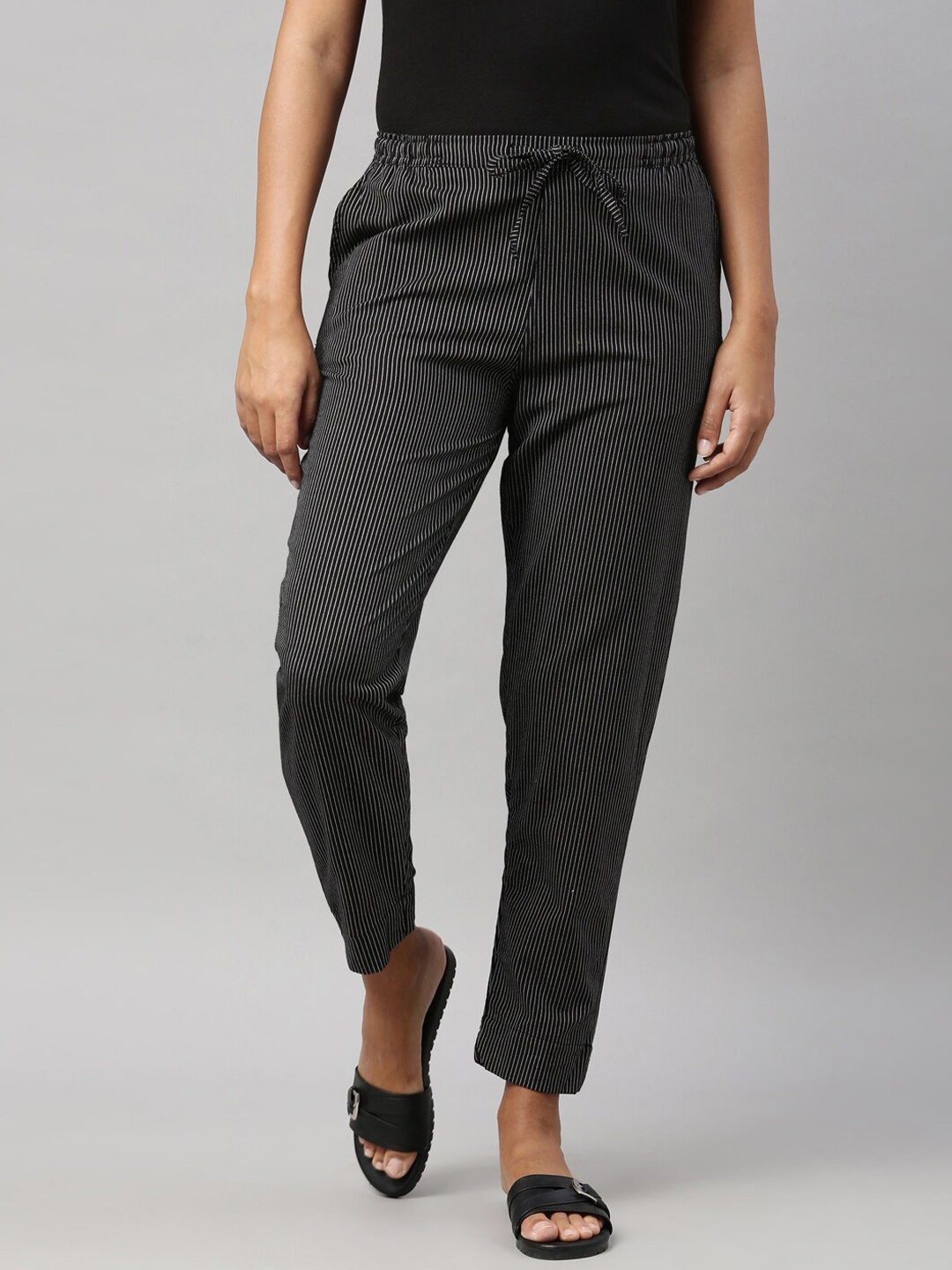 Go Colors Women Black Striped Tapered Fit Chinos Trousers
