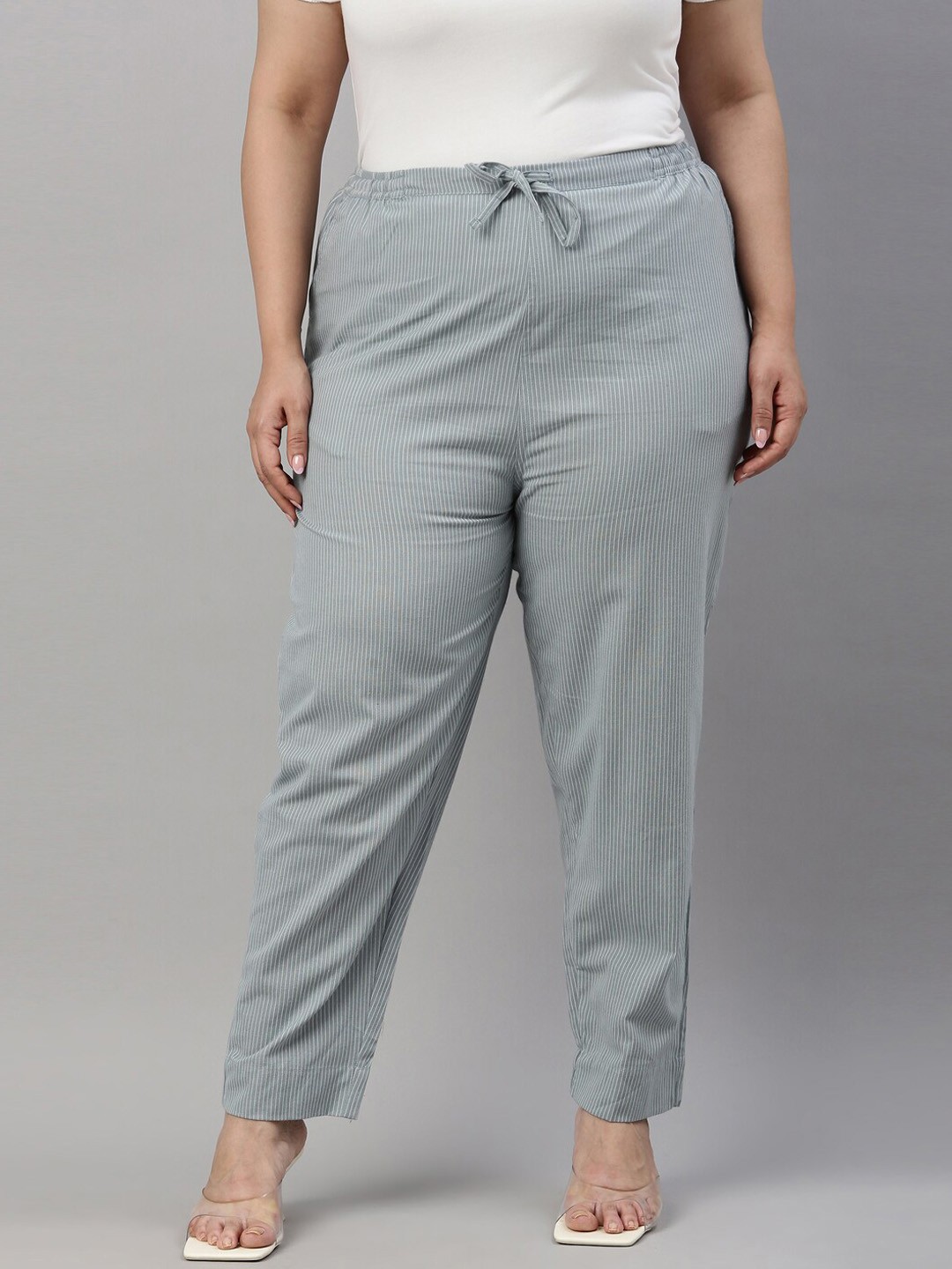 

Go Colors Women Blue Striped Tapered Fit Joggers Trousers