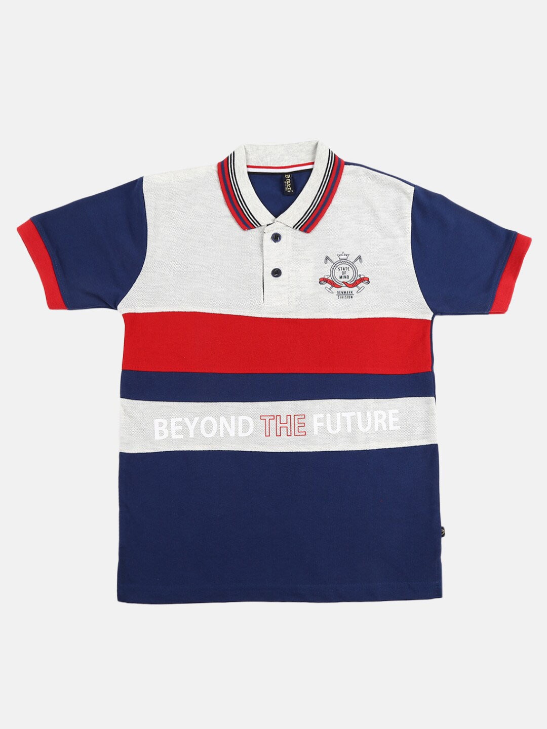 

V-Mart Boys Navy Blue Striped Polo Collar Applique T-shirt