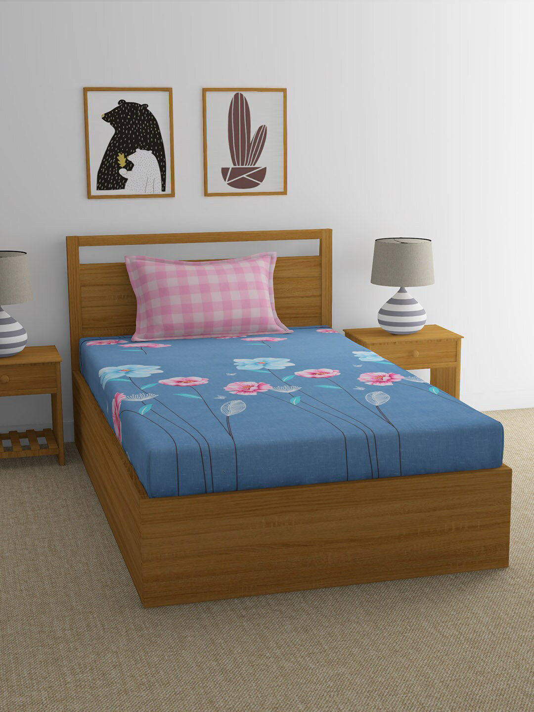 

Athome by Nilkamal Grey & Pink Floral Single Bedsheet with 1 Pillow Covers