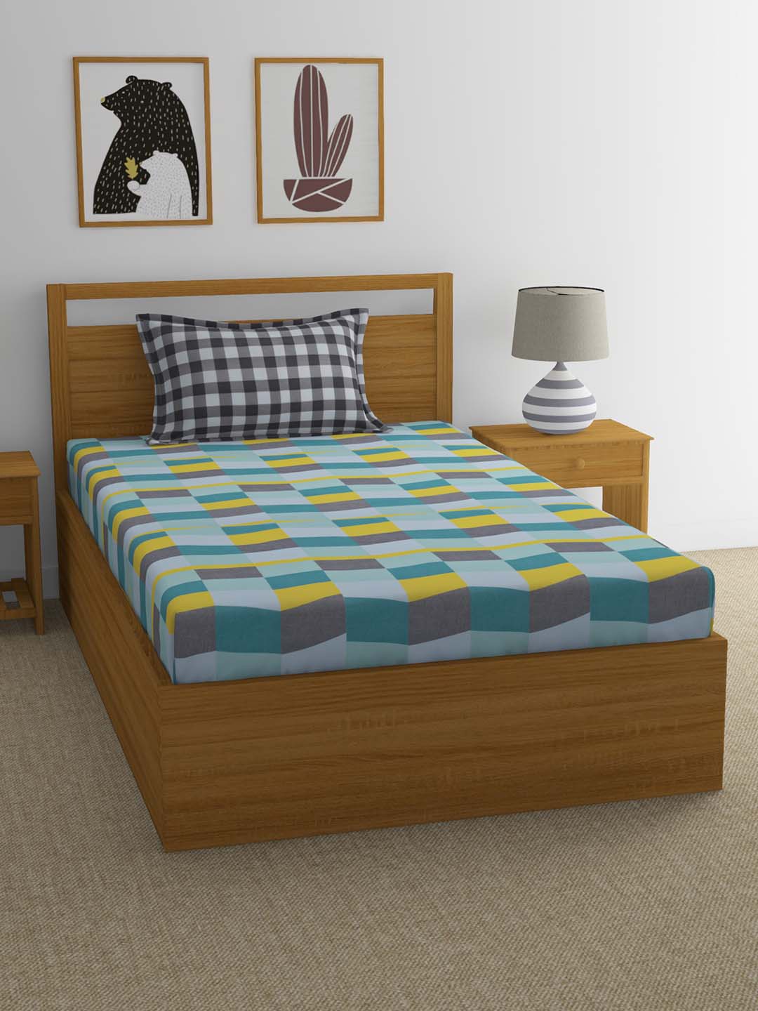 

Athome by Nilkamal Blue & Yellow Geometric Single Bedsheet with 1 Pillow Covers