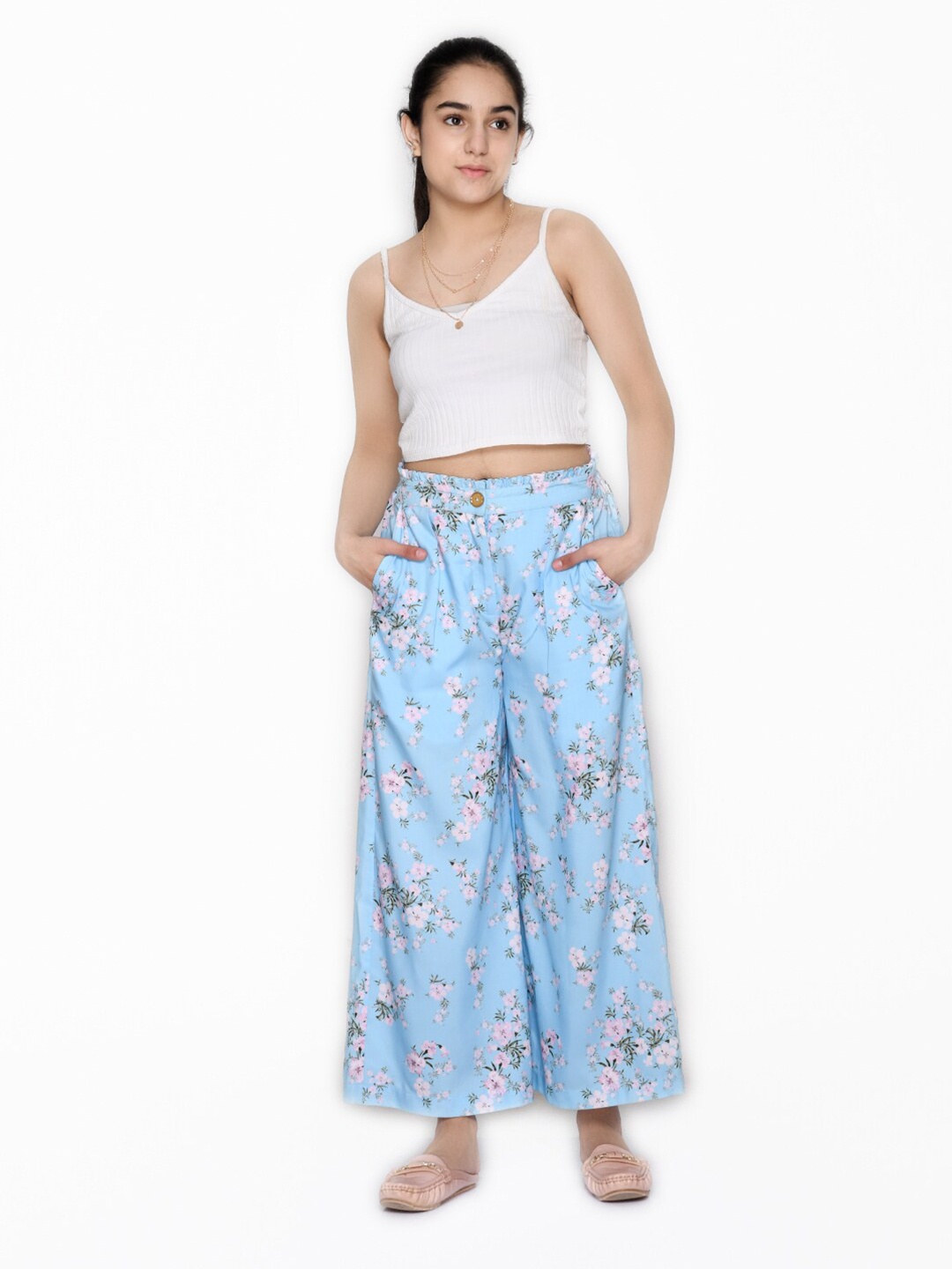 

SAKA DESIGNS Girls Blue & Pink Floral Printed Palazzos