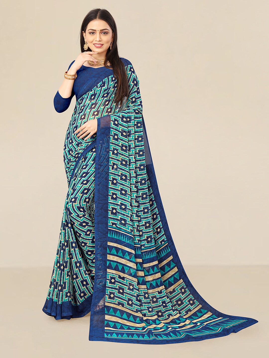

UNITED LIBERTY Blue & Gold-Toned Floral Zari Pure Georgette Block Print Saree