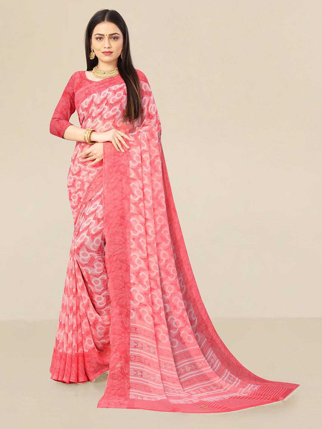 

UNITED LIBERTY Pink Floral Pure Georgette Block Print Saree