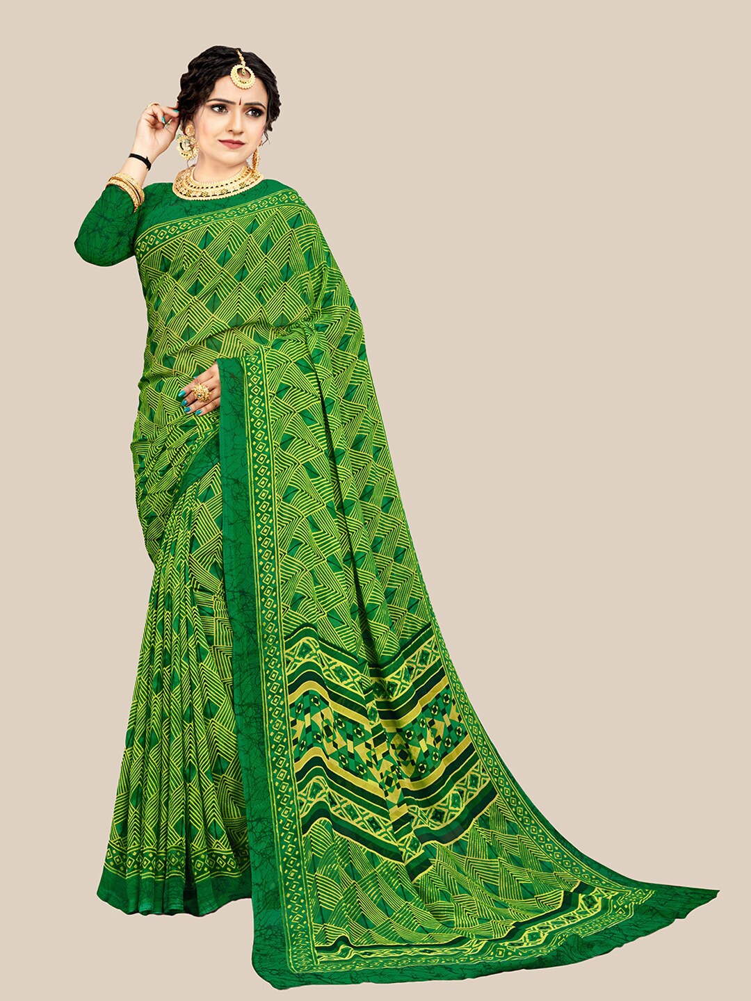 

UNITED LIBERTY Green & Yellow Pure Georgette Block Print Saree