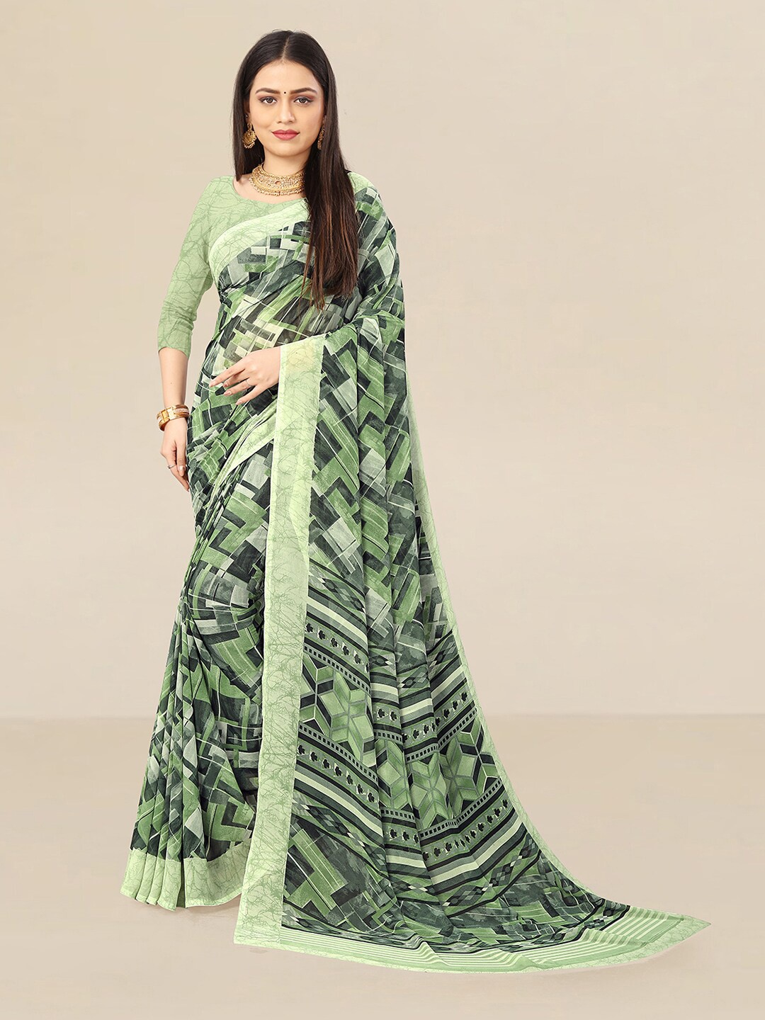 

UNITED LIBERTY Olive Green Floral Zari Pure Georgette Block Print Saree