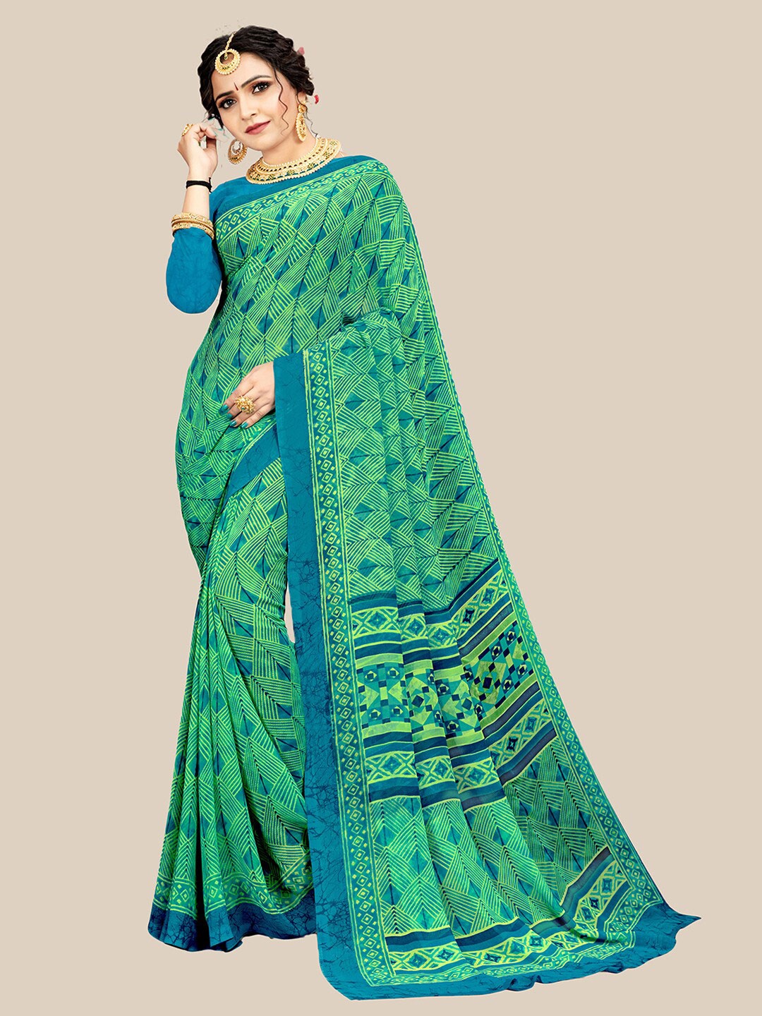 

UNITED LIBERTY Turquoise Blue & Green Floral Zari Pure Georgette Block Print Saree