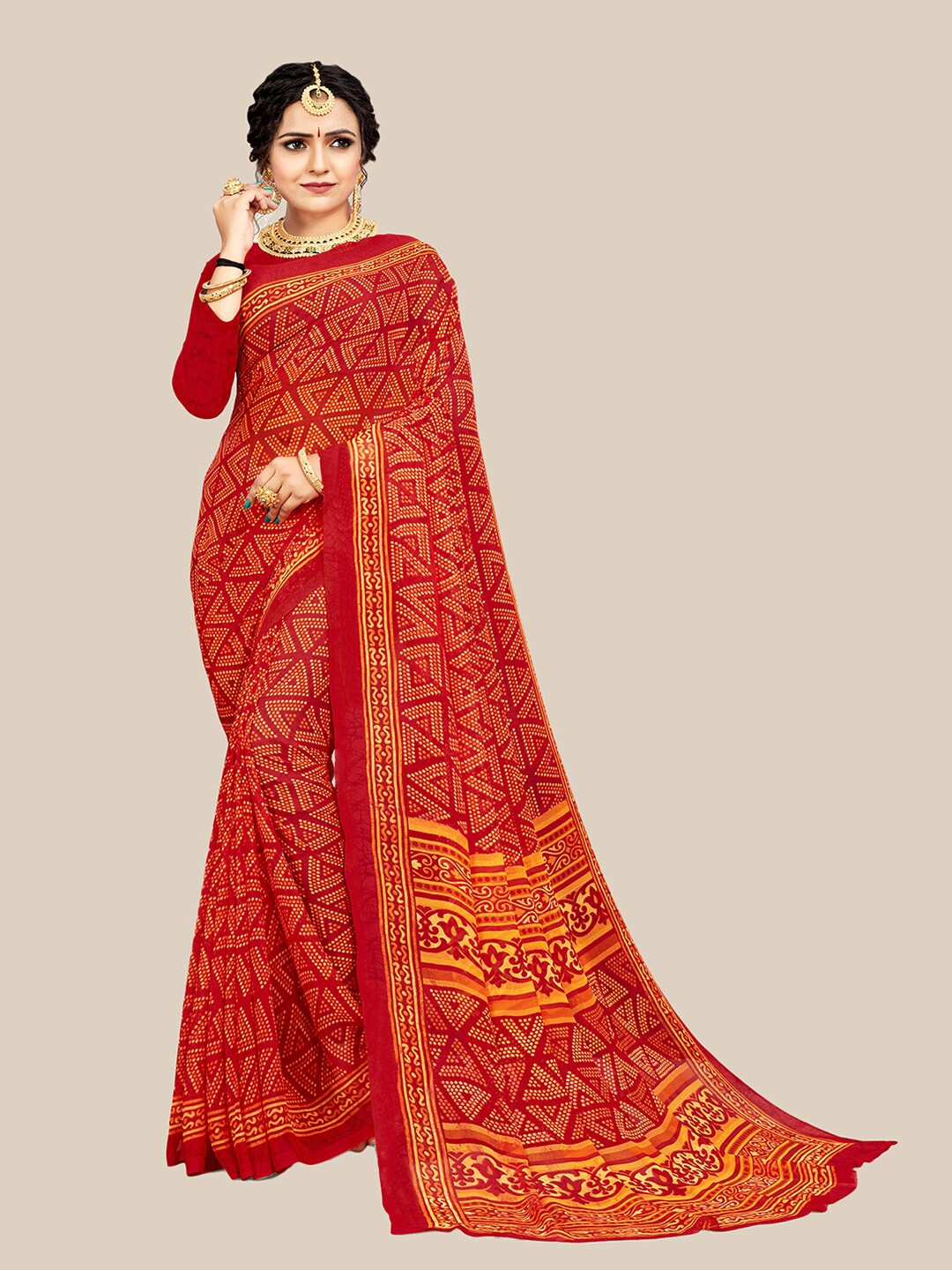 

UNITED LIBERTY Red & Yellow Floral Pure Georgette Block Print Saree