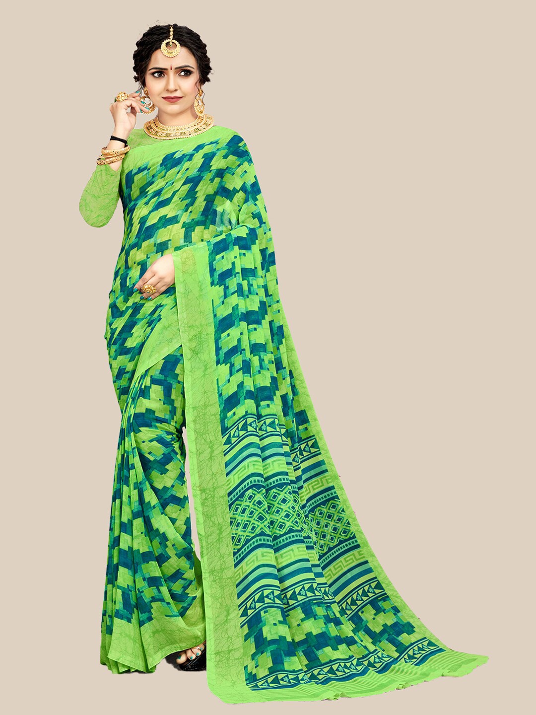 

UNITED LIBERTY Green Pure Georgette Block Print Saree