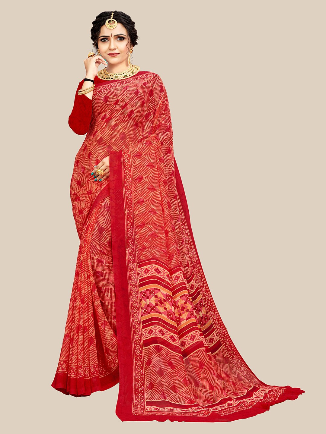 

UNITED LIBERTY Maroon & Gold-Toned Floral Zari Pure Georgette Block Print Saree