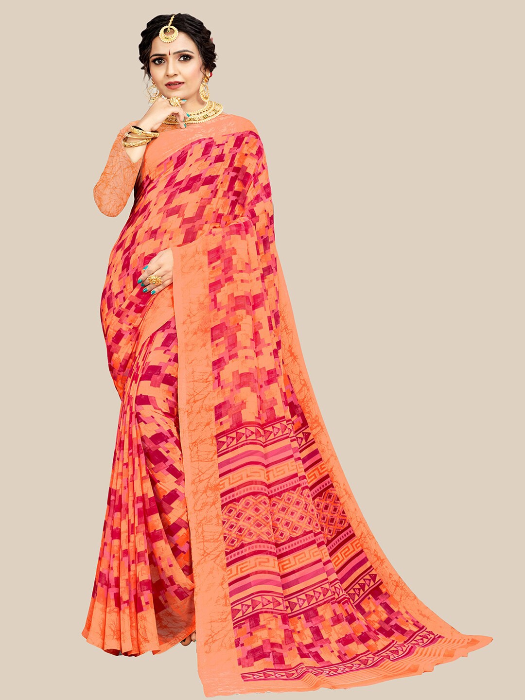

UNITED LIBERTY Peach-Coloured & Orange Pure Georgette Saree