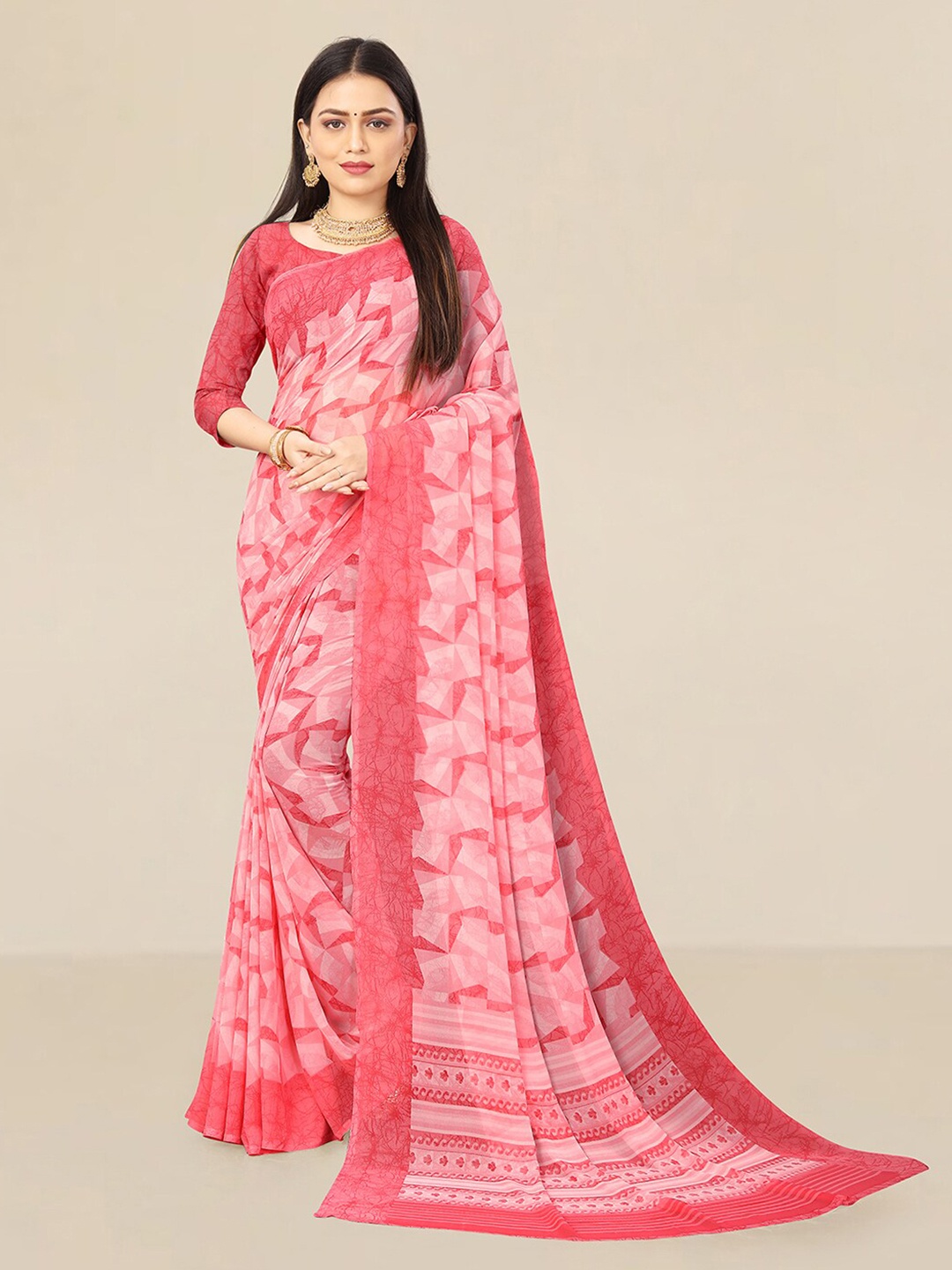 

UNITED LIBERTY Pink & White Pure Georgette Block Print Saree