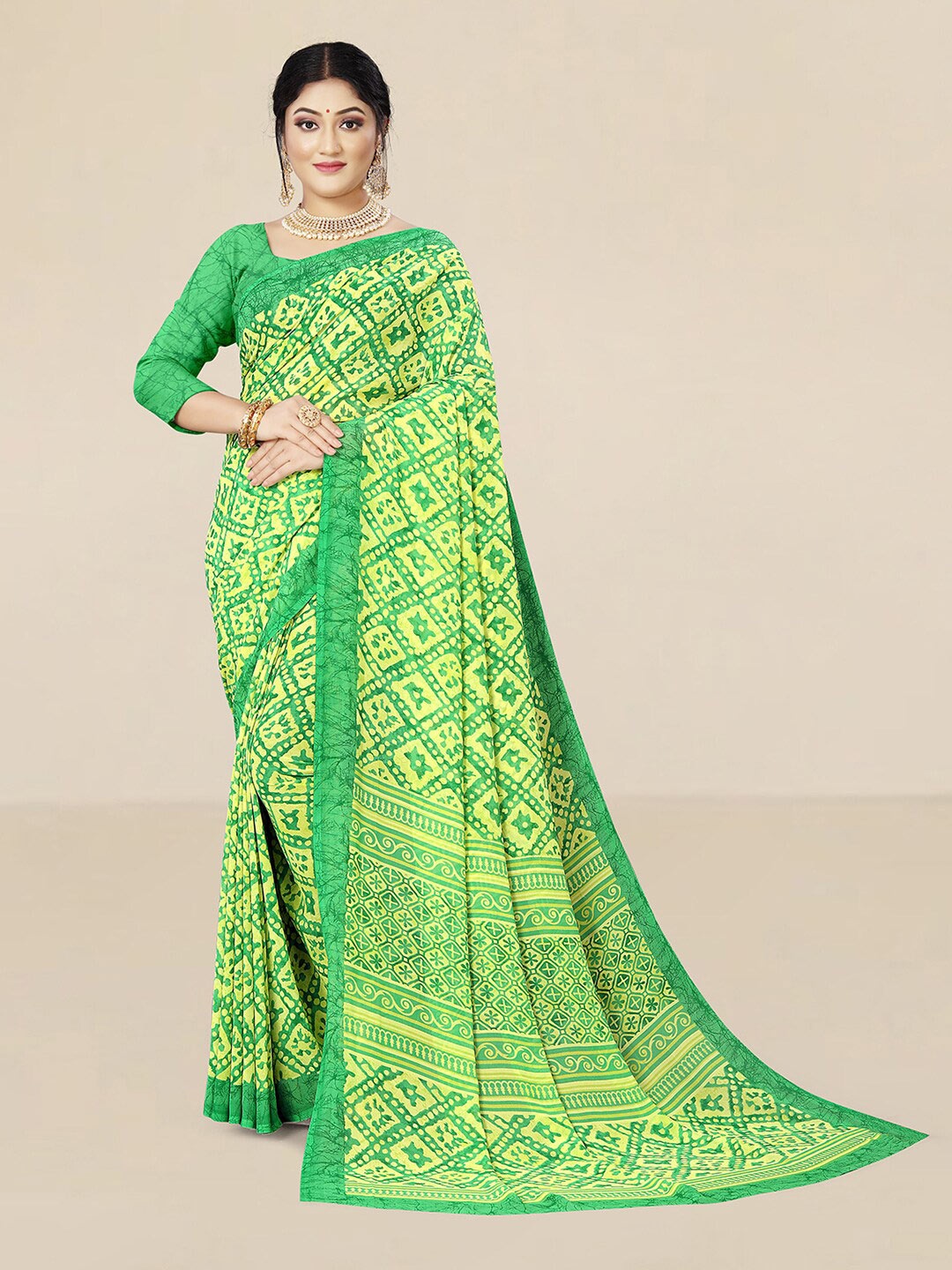 

UNITED LIBERTY Green & Yellow Pure Georgette Saree