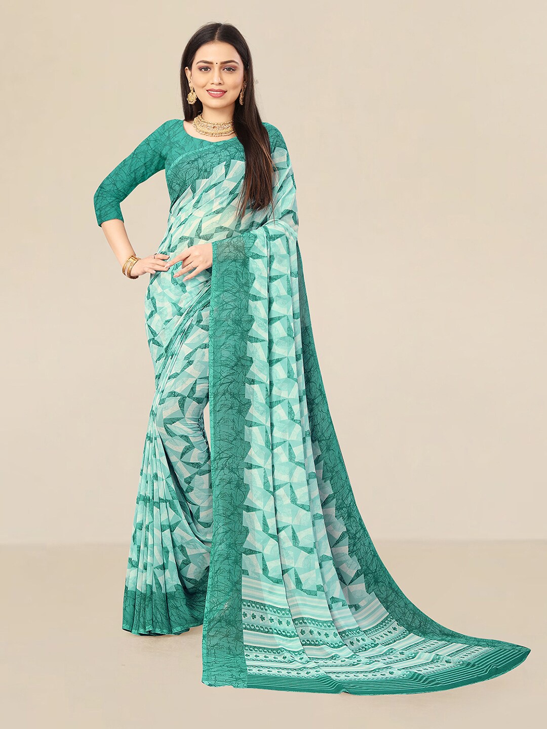 

UNITED LIBERTY Turquoise Blue & White Pure Georgette Block Print Saree