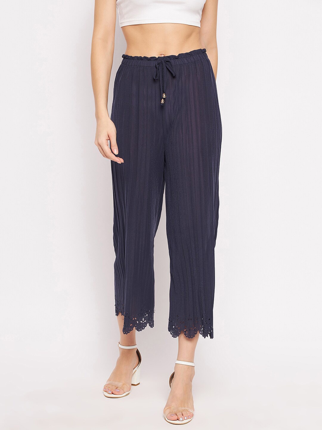 

Camey Women Grey Striped Flared Knitted Palazzos