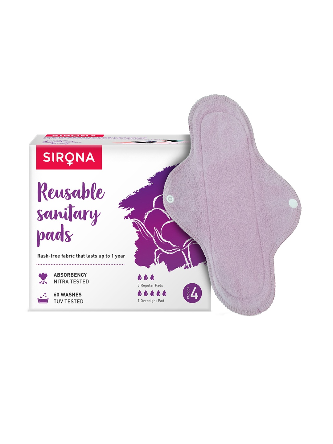 

Sirona Set of 4 Reusable Sanitary Pads - 3 Regular Pads + 1 Overnight Pad, Purple