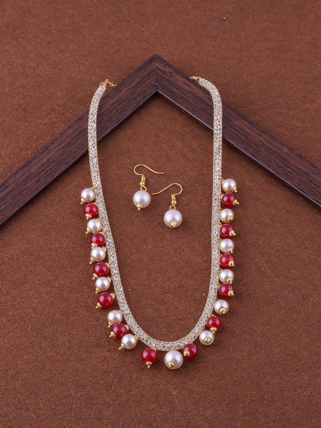

Brandsoon Gold-Plated Red & White Pearl-Beaded Jewellery Set