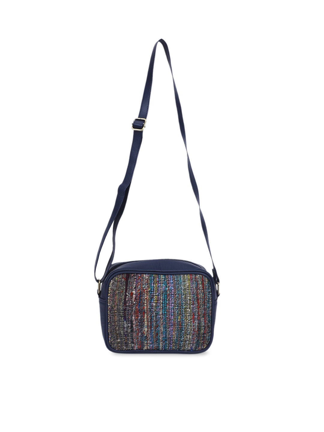 

The Purple Sack Blue Ethnic Motifs Printed Structured Sling Bag with Cut Work