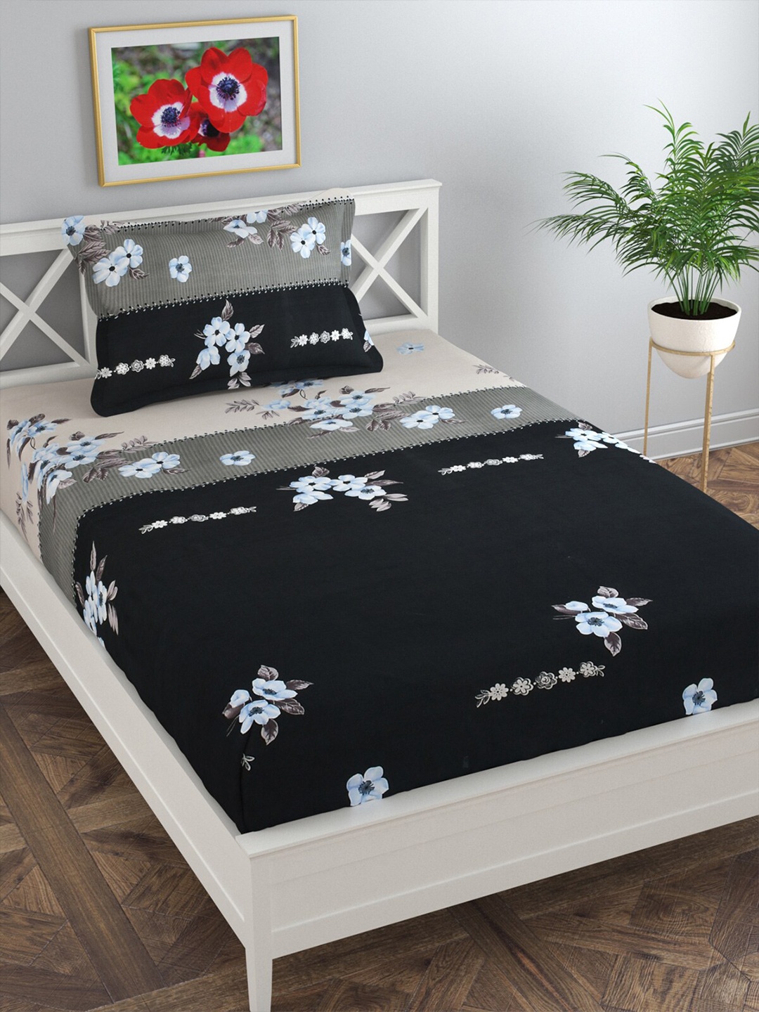 

Florida Black & Blue Floral 120 TC Single Bedsheet with 1 Pillow Covers