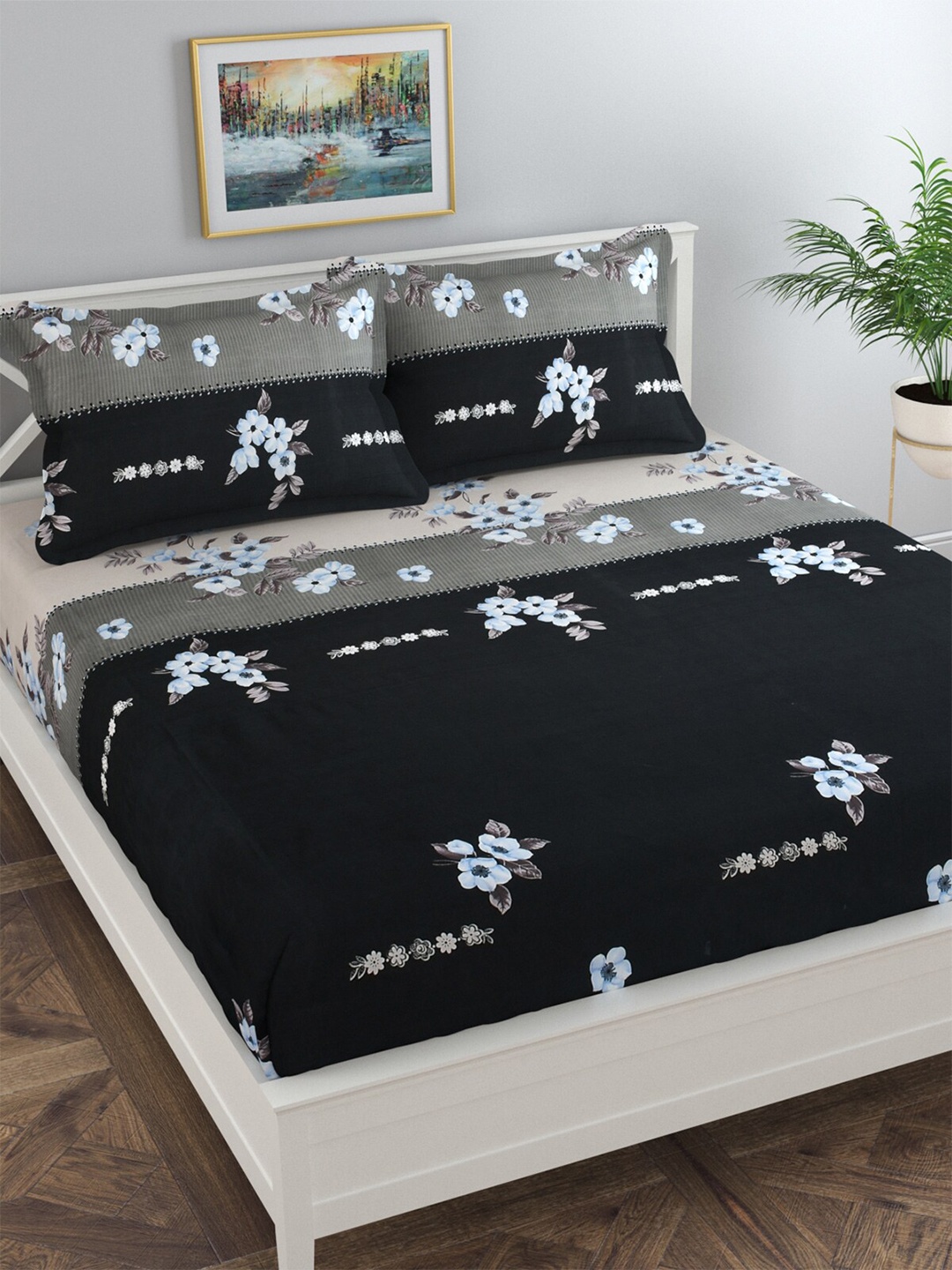 

Florida Black & Blue Floral 120 TC King Bedsheet with 2 Pillow Covers