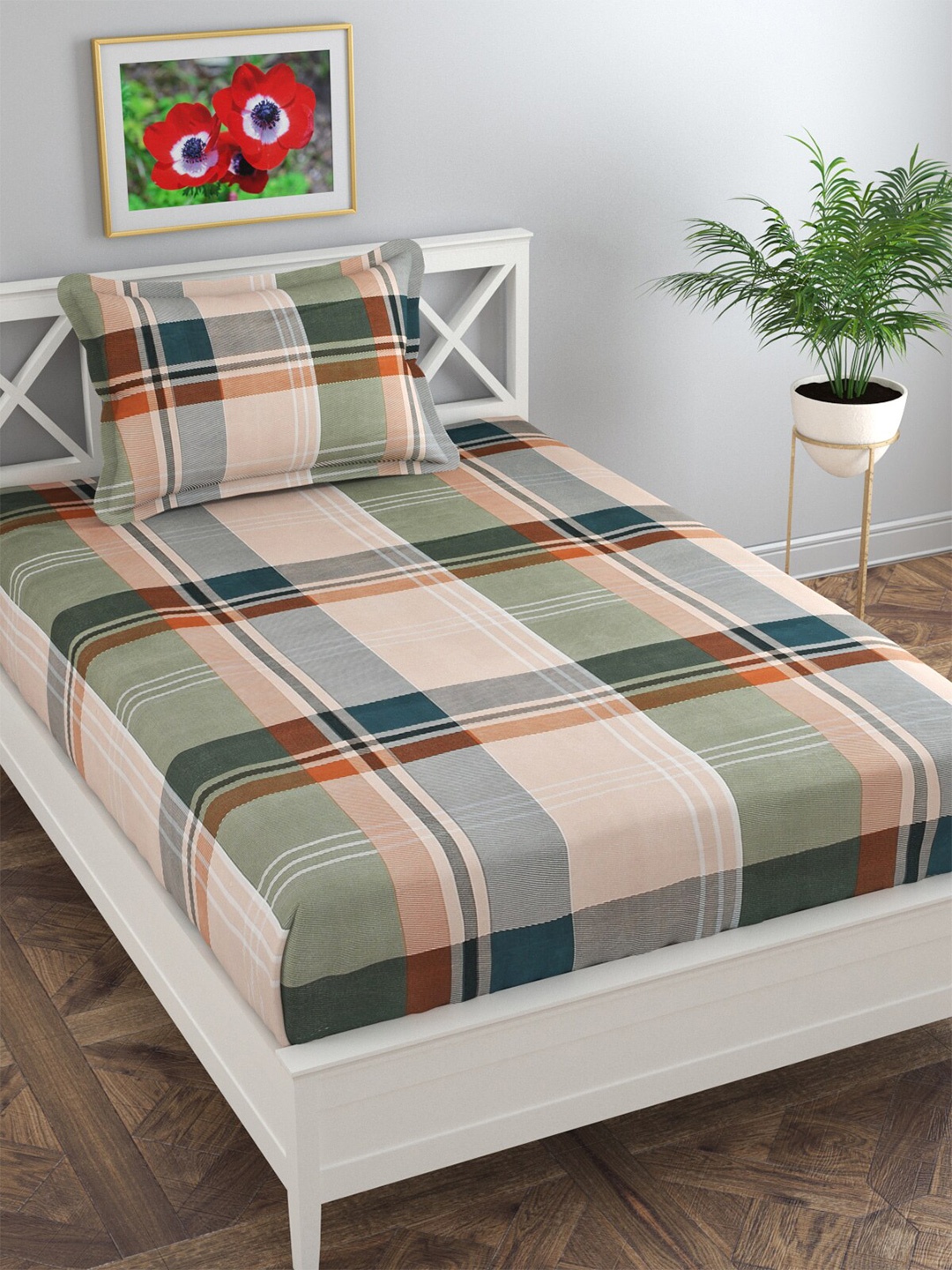 

Florida Beige & Green Striped 120 TC Single Bedsheet with 1 Pillow Covers