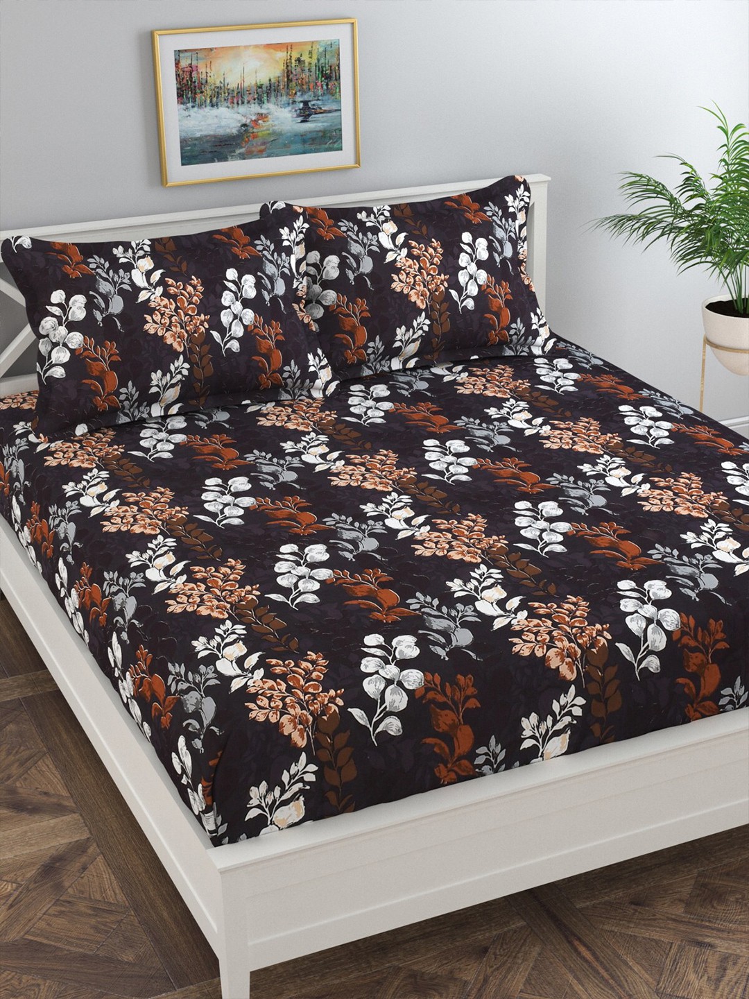 

Florida Brown & White Floral 120 TC Queen Bedsheet with 2 Pillow Covers