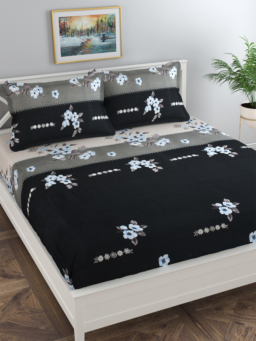 

Florida Black & Blue Floral 120 TC Queen Bedsheet with 2 Pillow Covers