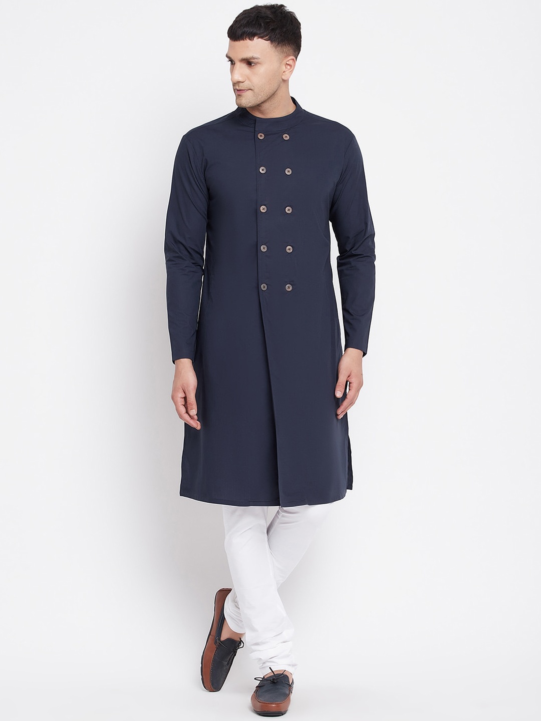 

Hypernation Men Navy Blue Checked Thread Work Kurta