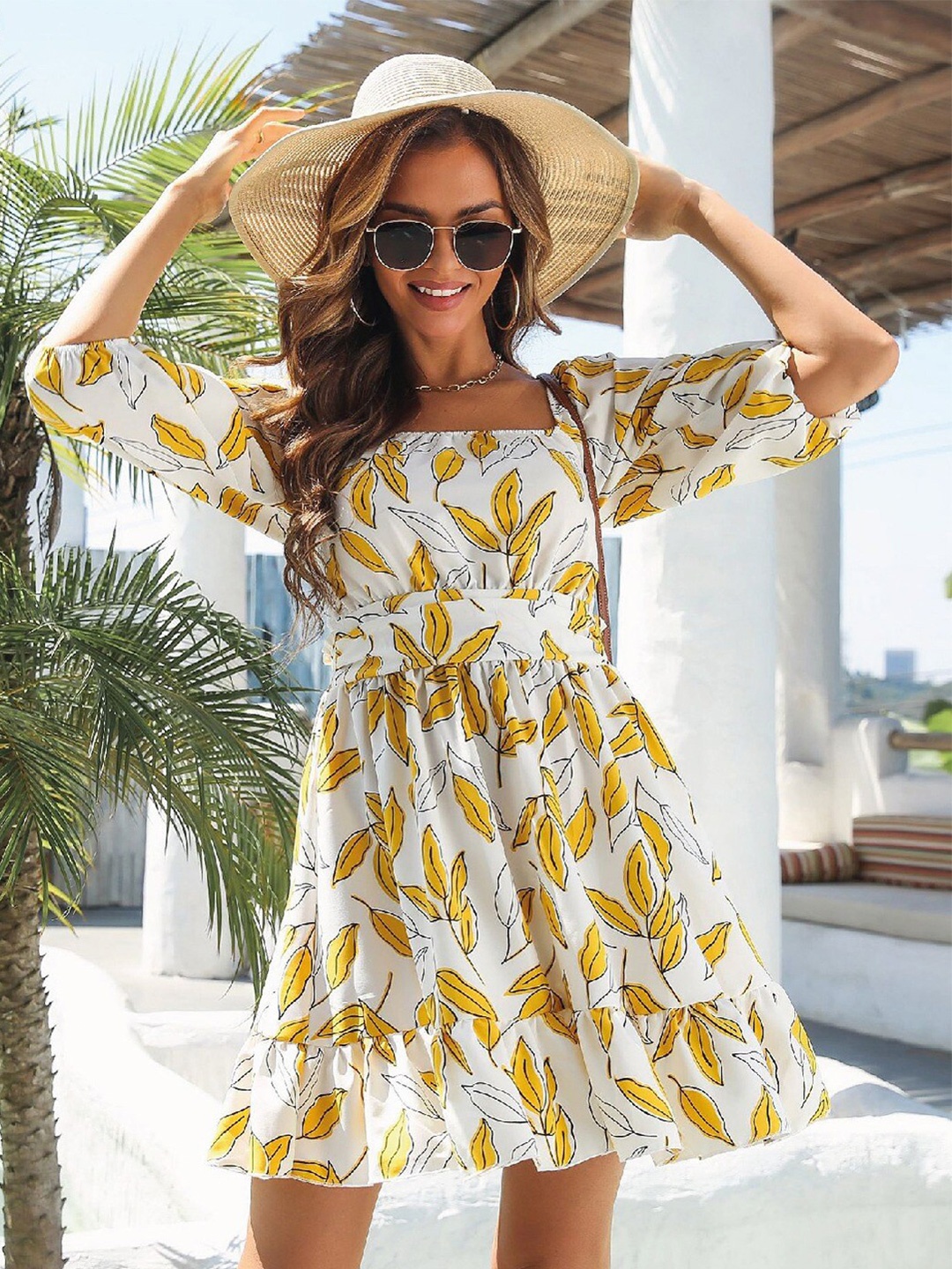 

BoStreet Yellow Tropical Off-Shoulder Dress