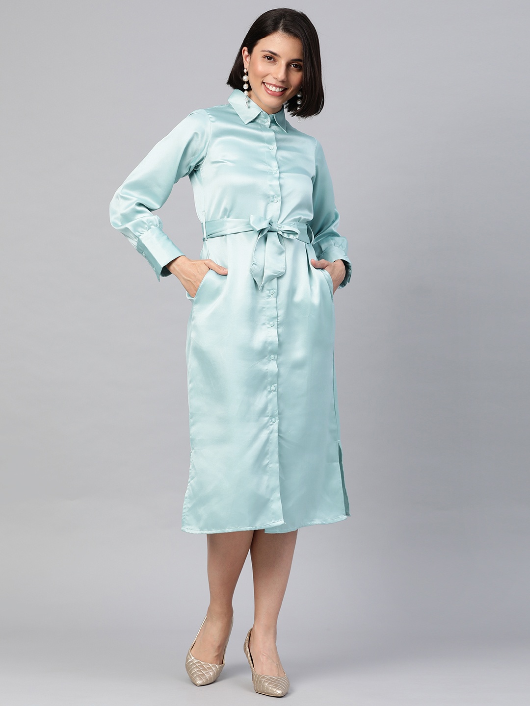 

Emmyrobe Blue Satin Formal Shirt Dress