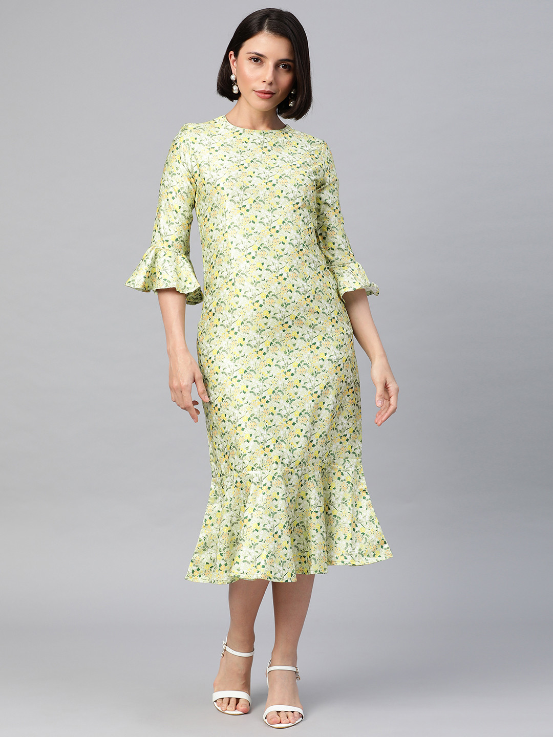 

Emmyrobe Green Floral Satin A-Line Midi Dress