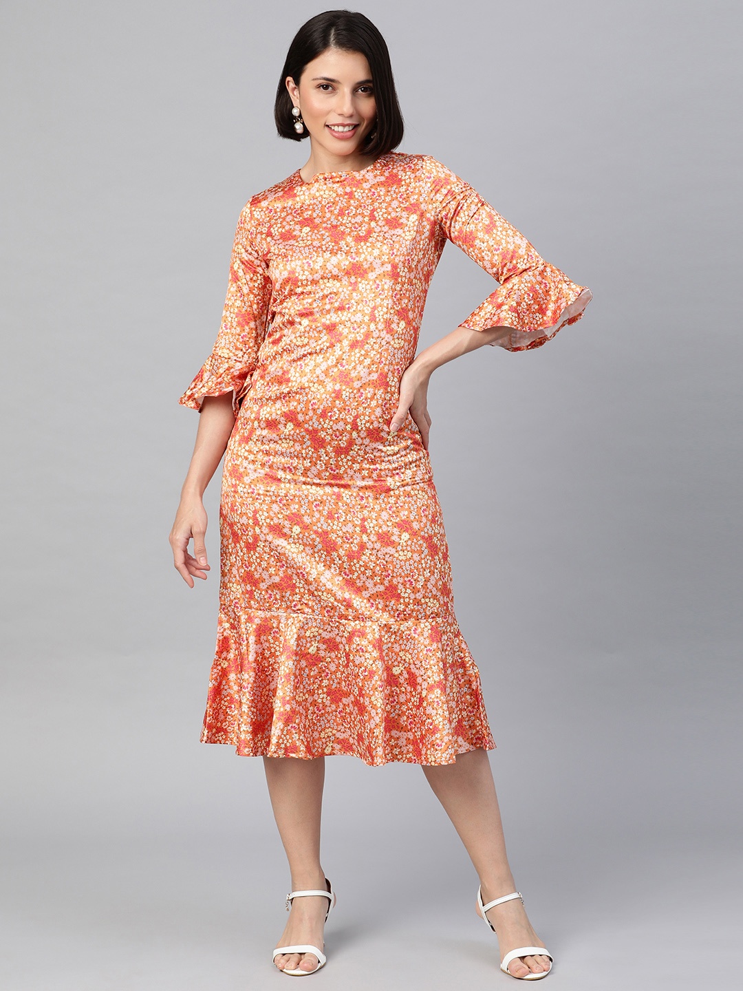 

Emmyrobe Orange Floral Satin A-Line Midi Dress