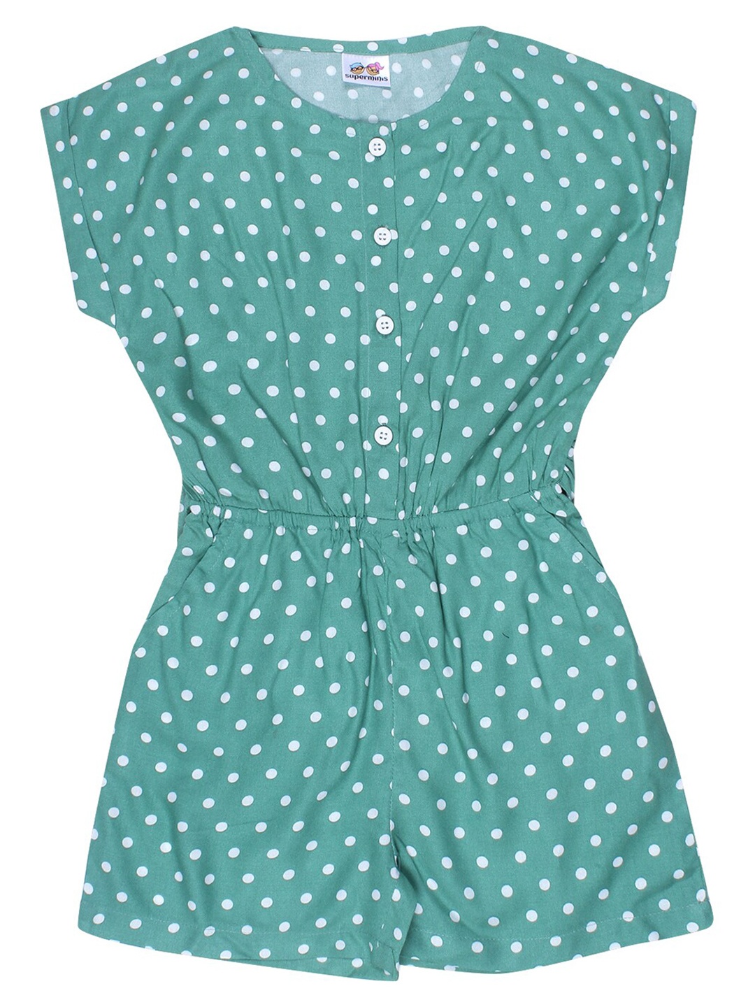 

Superminis Girls Green & White Polka Dot Printed Jumpsuit