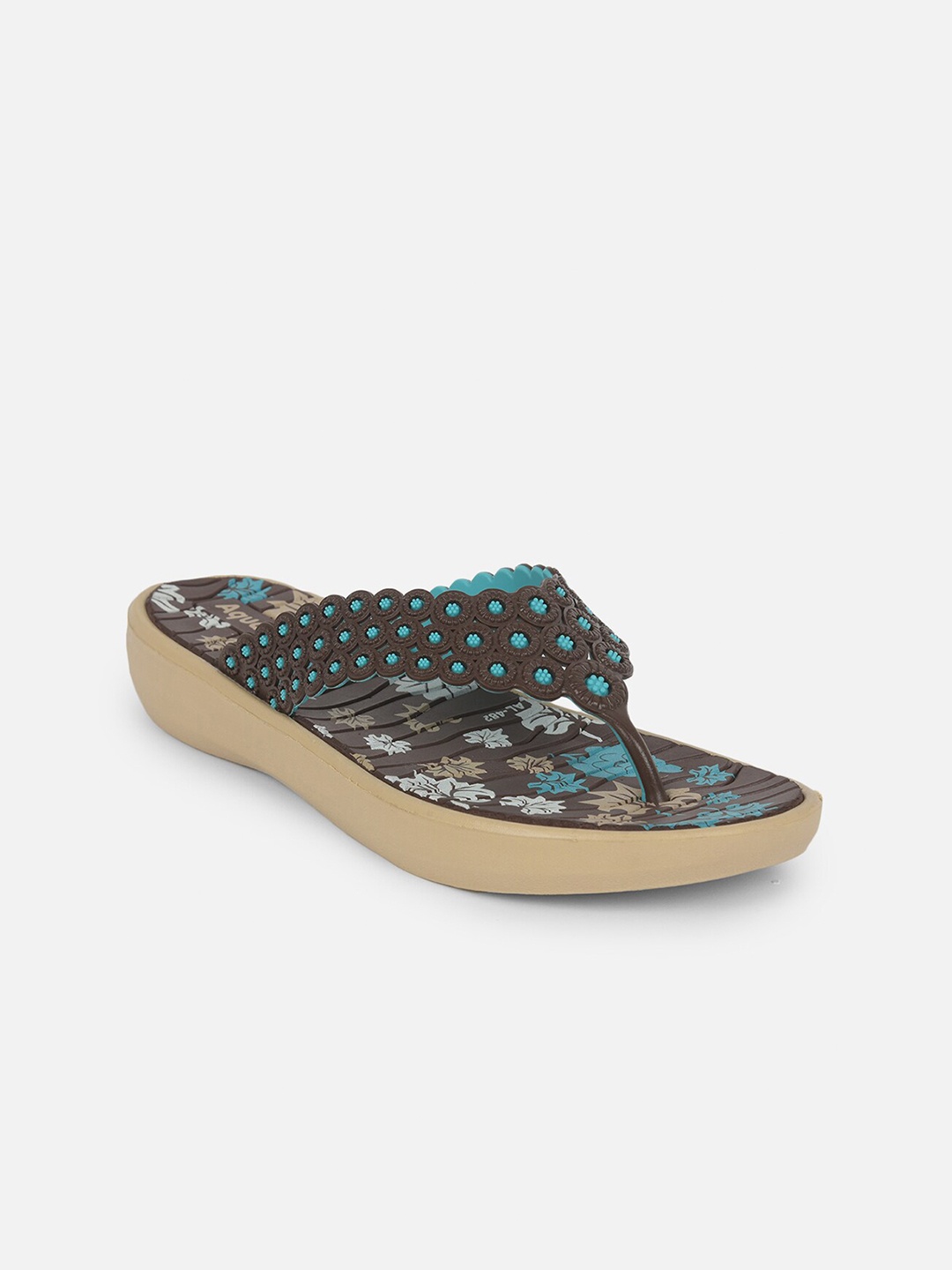 

Aqualite Women Beige & Blue Printed Rubber Thong Flip-Flops