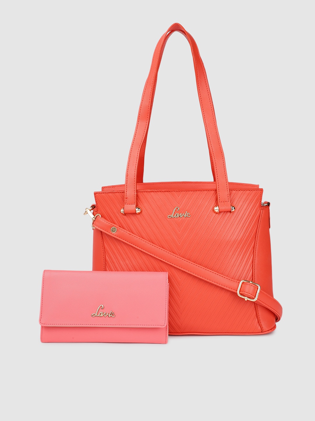 

Lavie Aliano Orange Textured Structured Shoulder Bag with Pink 3 Fold Wallet
