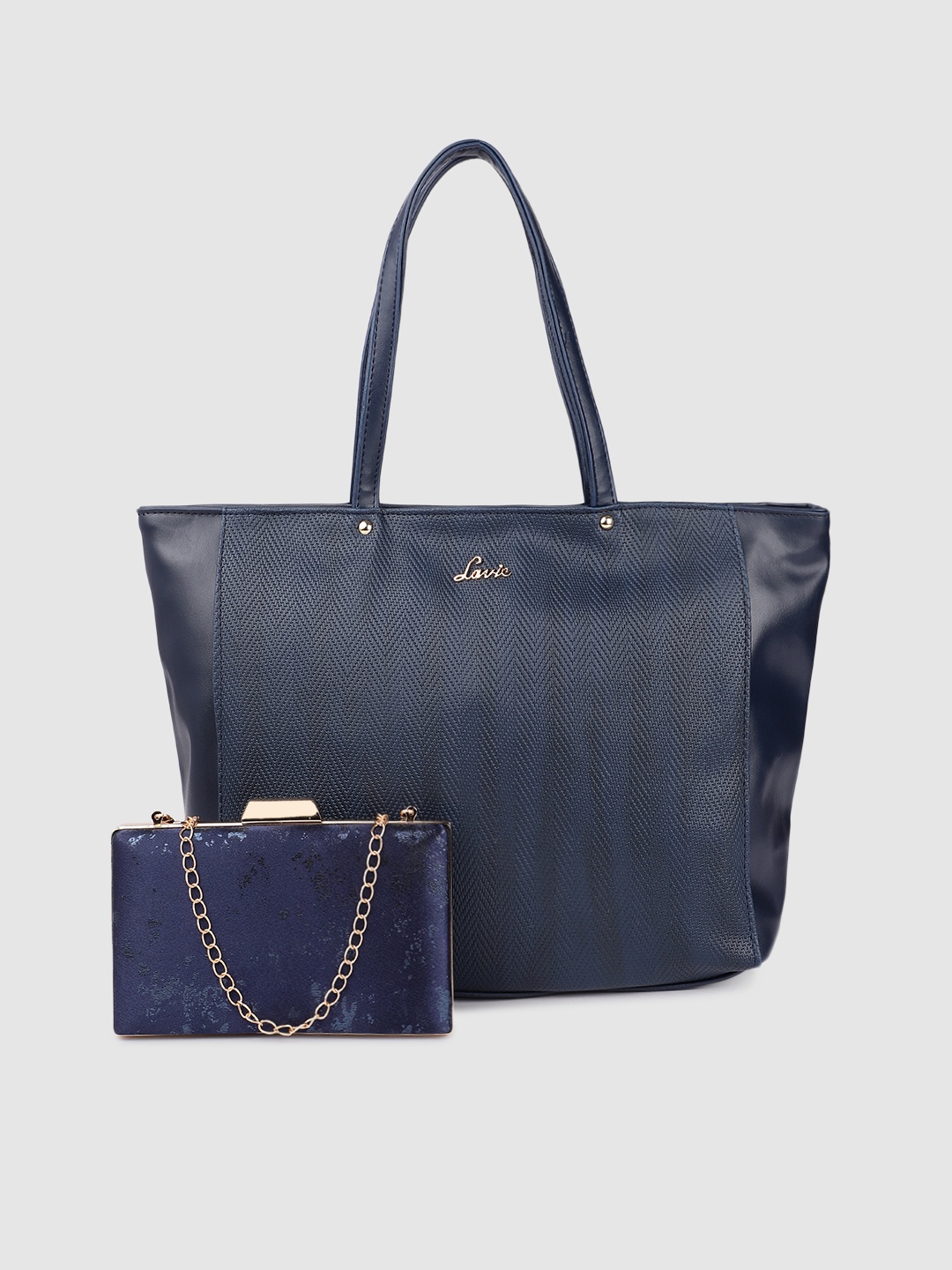 

Lavie Elana Navy Blue Textured Oversized Structured Shoulder Bag with a Clutch