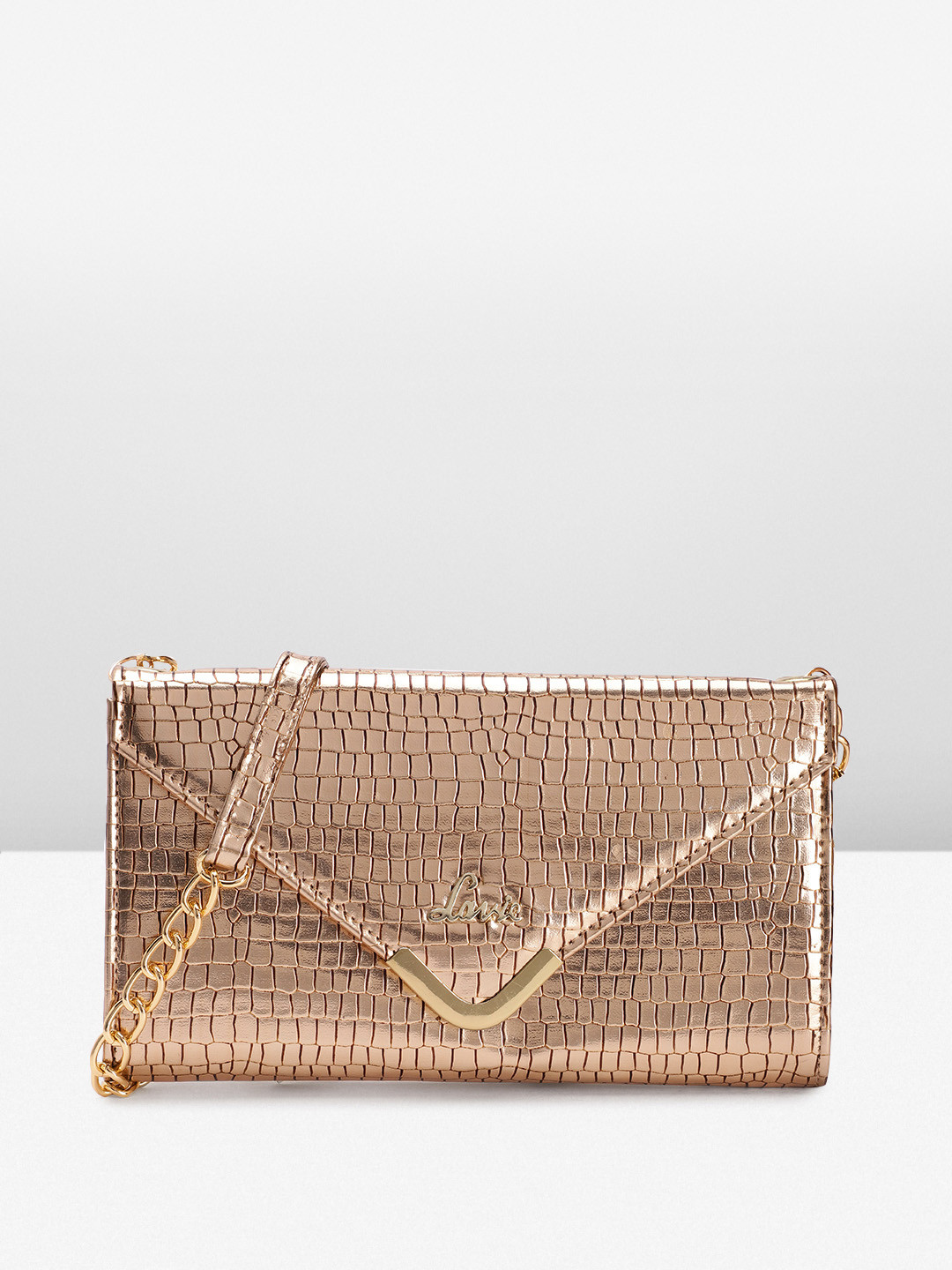 

Lavie Crocodile Textured Structured Party Sling Bag, Rose gold