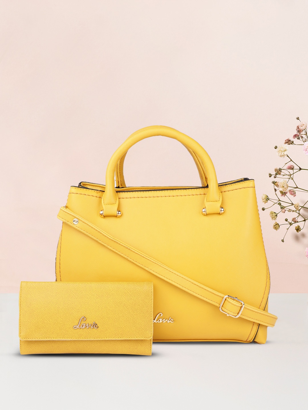

Lavie Mustard Structured Handheld Bag With 3 Fold Wallet
