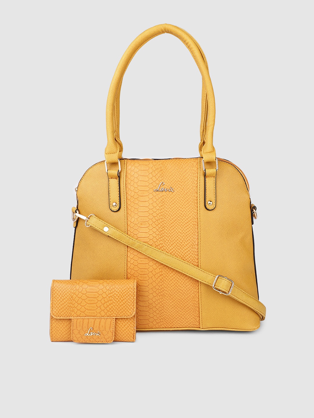 

Lavie Dorsy Mustard Animal Textured Oversized Structured Shoulder Bag with a 3 Fold Wallet